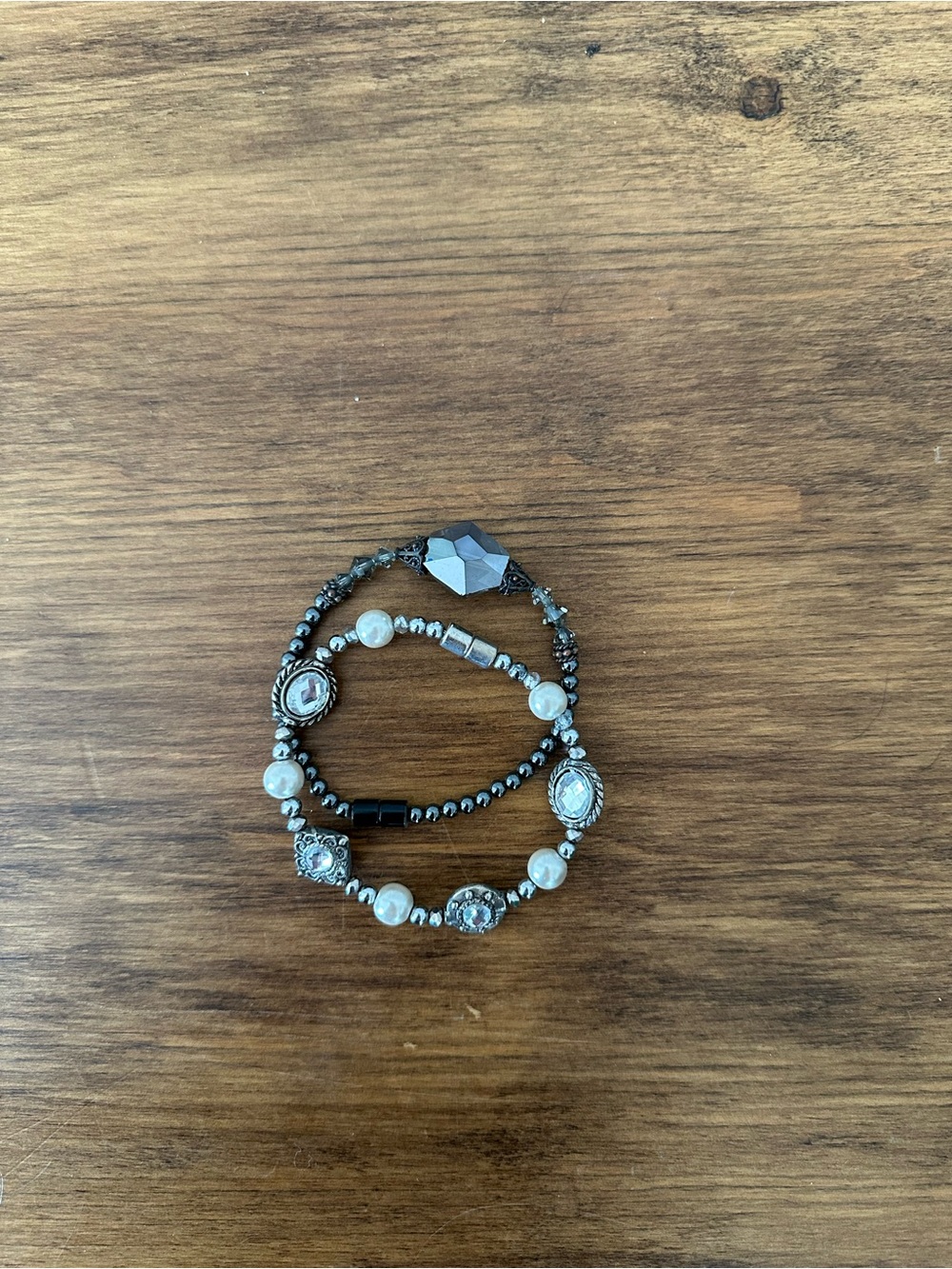 Elegant Silver-Tone Beaded Wrap Bracelet with Pearl Accents